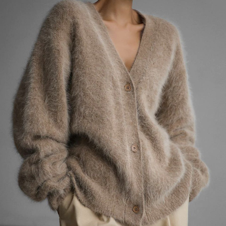 Women's Loose V-Neck Button Knitted Cardigan Sweater - Fall & Winter Top