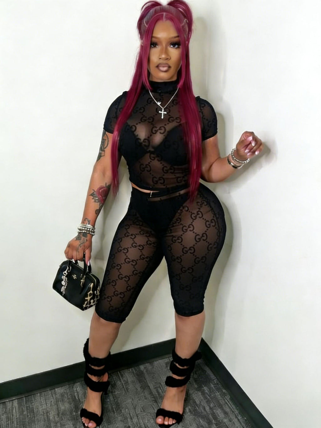 Women's Sexy Flocked Sheer Mesh Two-Piece Fashion Shorts Set