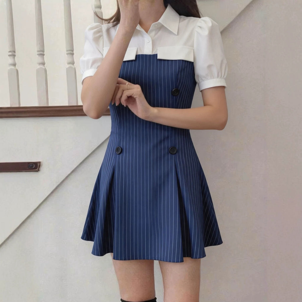 Spring Summer Women Striped Patchwork Slim Waist A-Line Shirt Dress