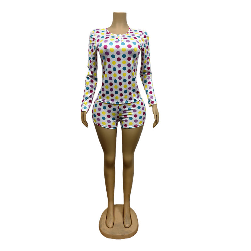 Women Autumn Polka Dot Print Long-Sleeve Top and Shorts Two-Piece Set