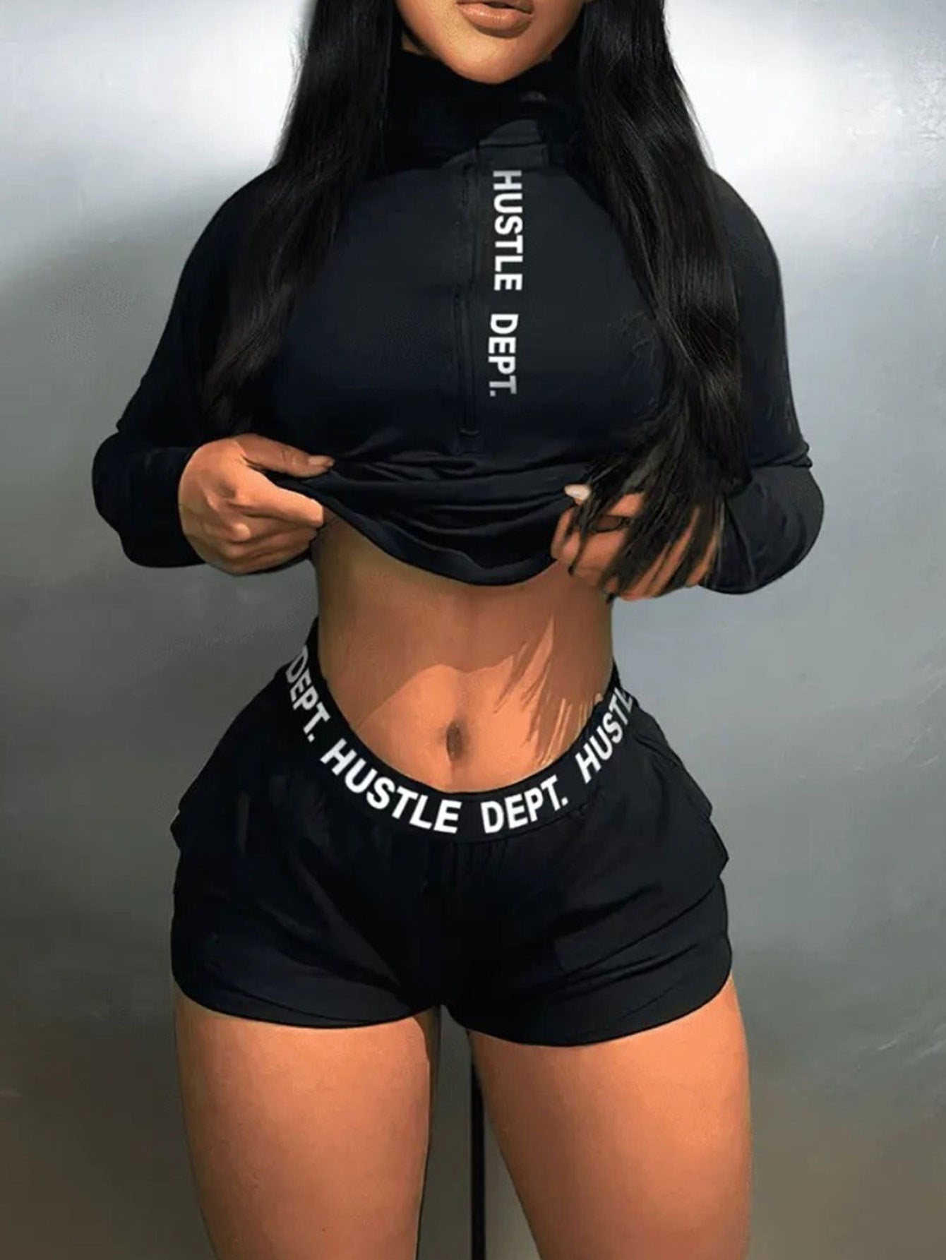 Women Stand Collar Long Sleeve Top And Shorts Two-Piece Set