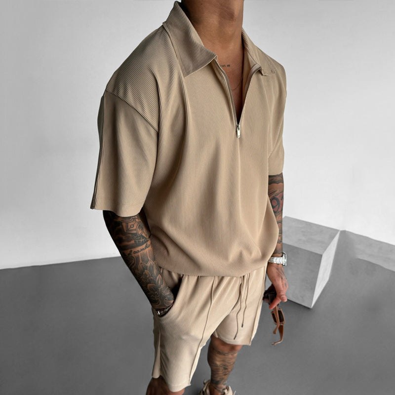 Men's Zipper Polo & Shorts Set - Summer Two-Piece Outfit