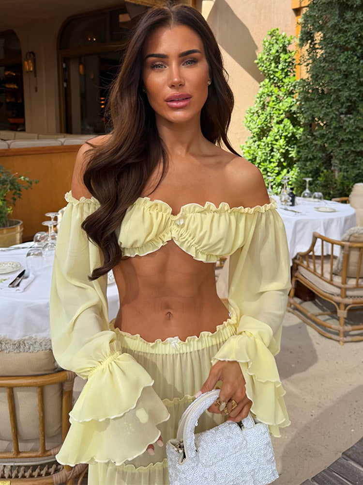 Women Summer Strapless Off Shoulder Top & Cascading Ruffles Long Skirt Suit