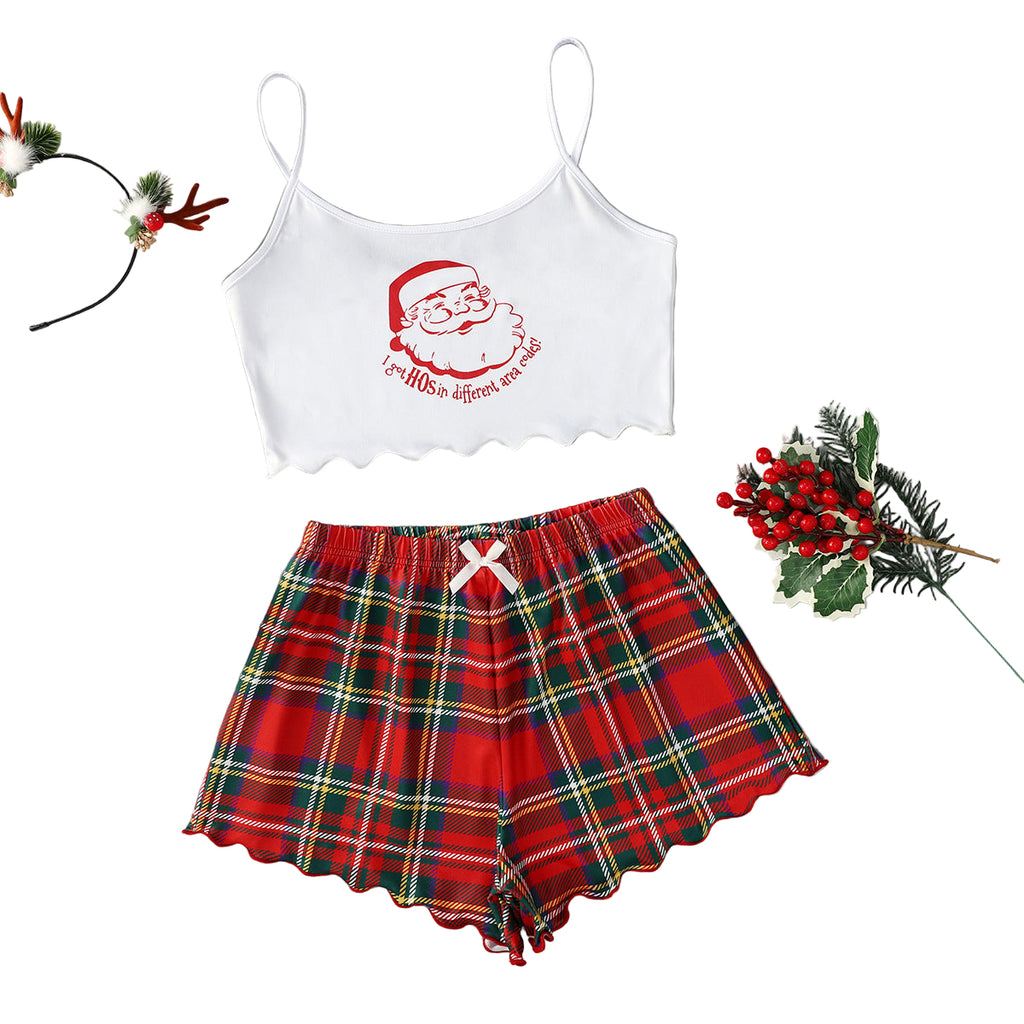 Women's Christmas Pajama Set - Sleeveless Shorts Silk Homewear