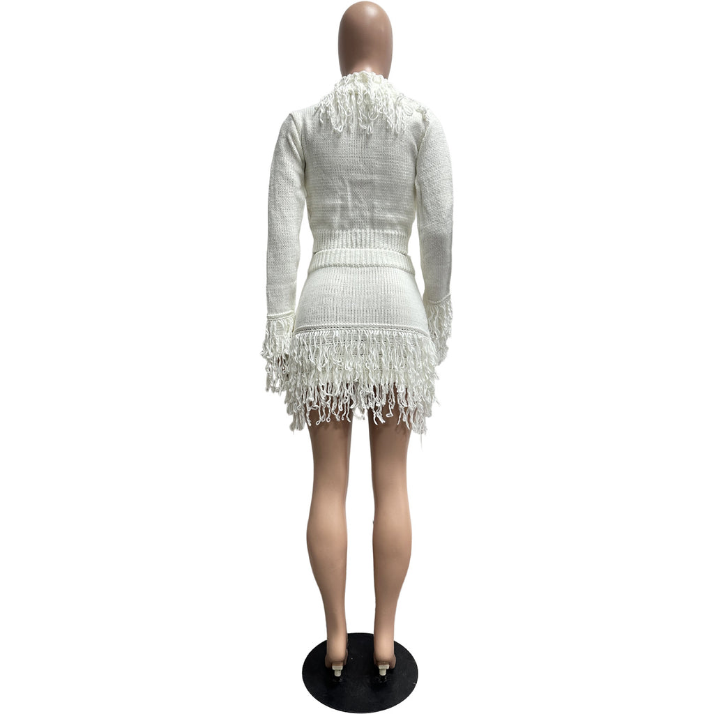 Autumn & Winter Knitted Crochet Fringe Lace-Up Long Sleeve Bodycon Skirt Set