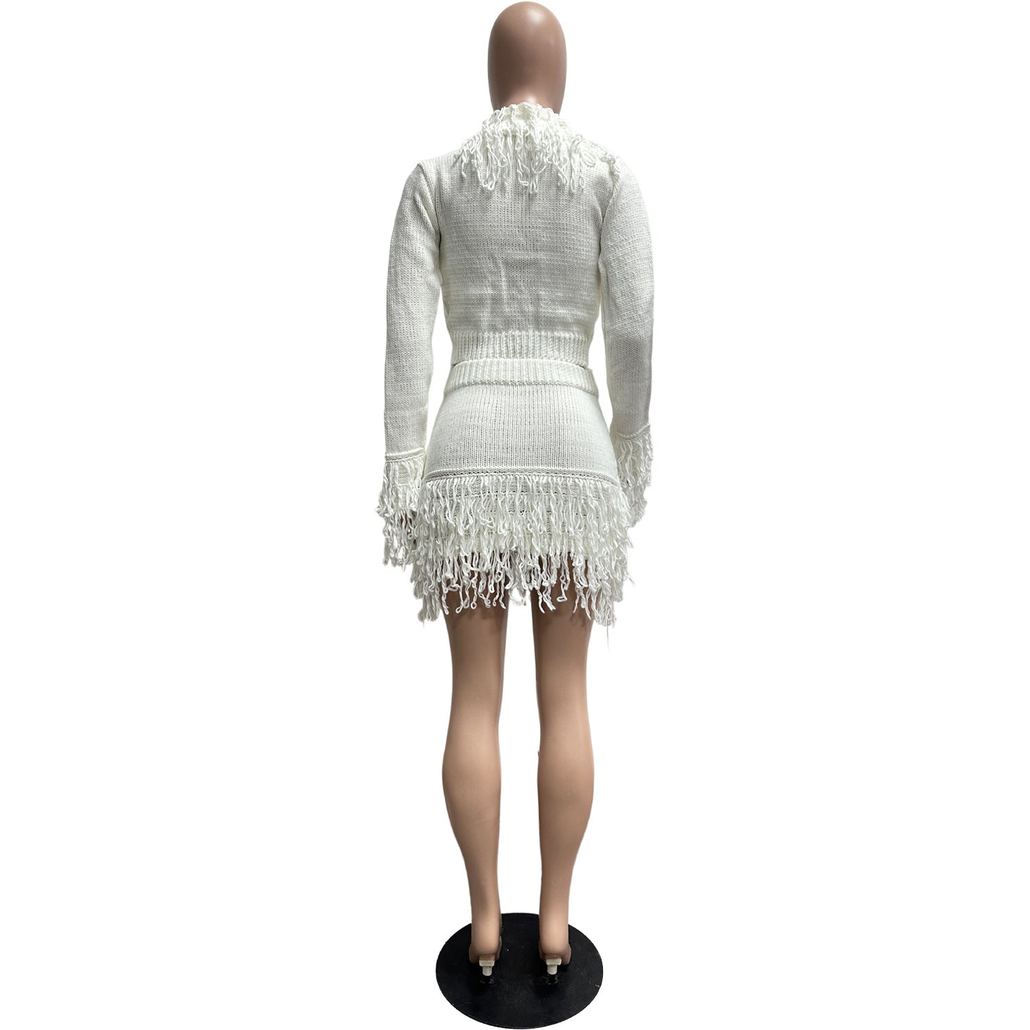Autumn & Winter Knitted Crochet Fringe Lace-Up Long Sleeve Bodycon Skirt Set