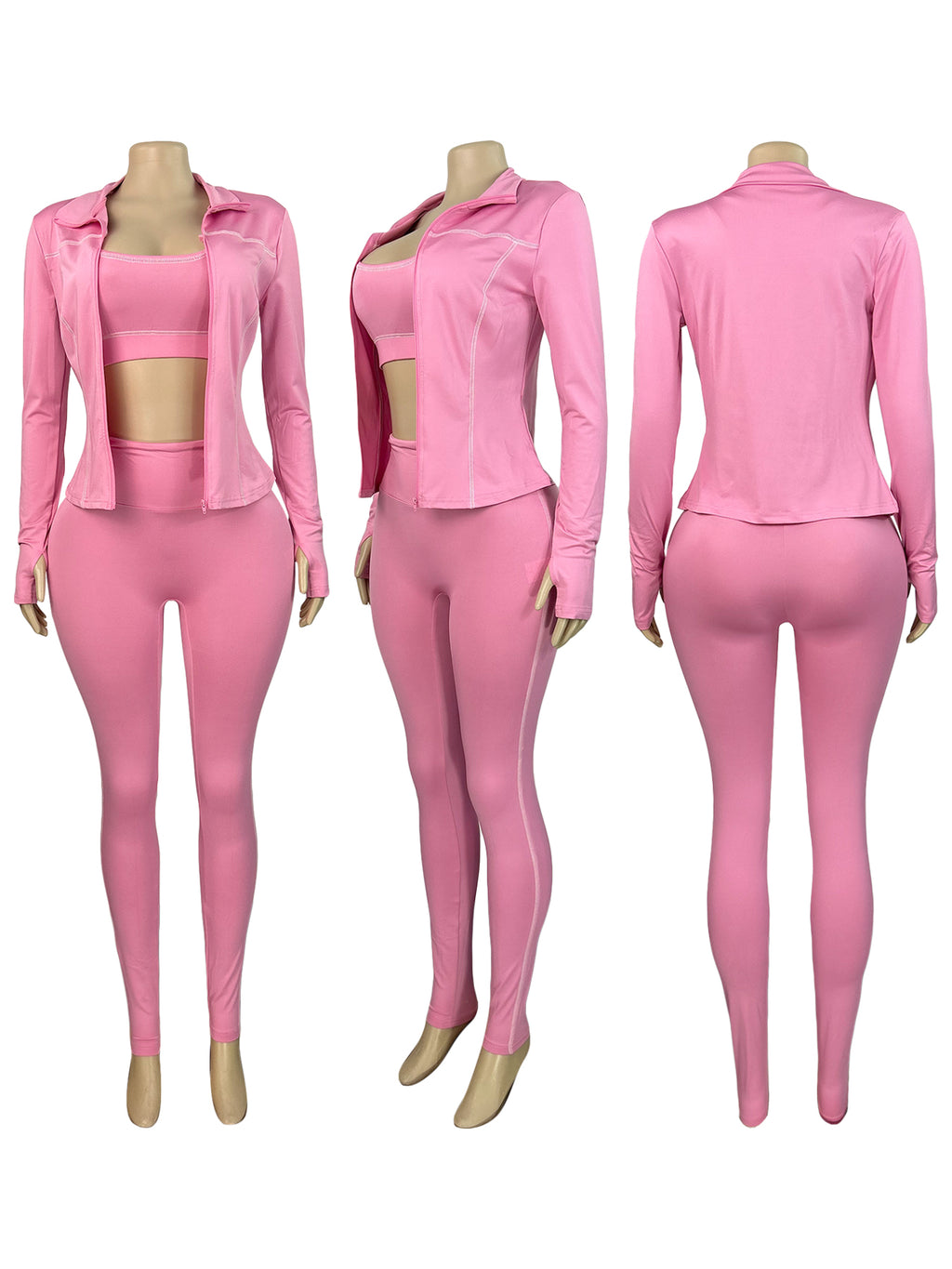 Women Zippered Thumb-Sleeve Long-Sleeved Top And Pants Three-Piece Set