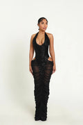 Sexy Elegant High Split Mesh Patchwork Ruched Sequin Lace-Up Halter Neck Evening Dress