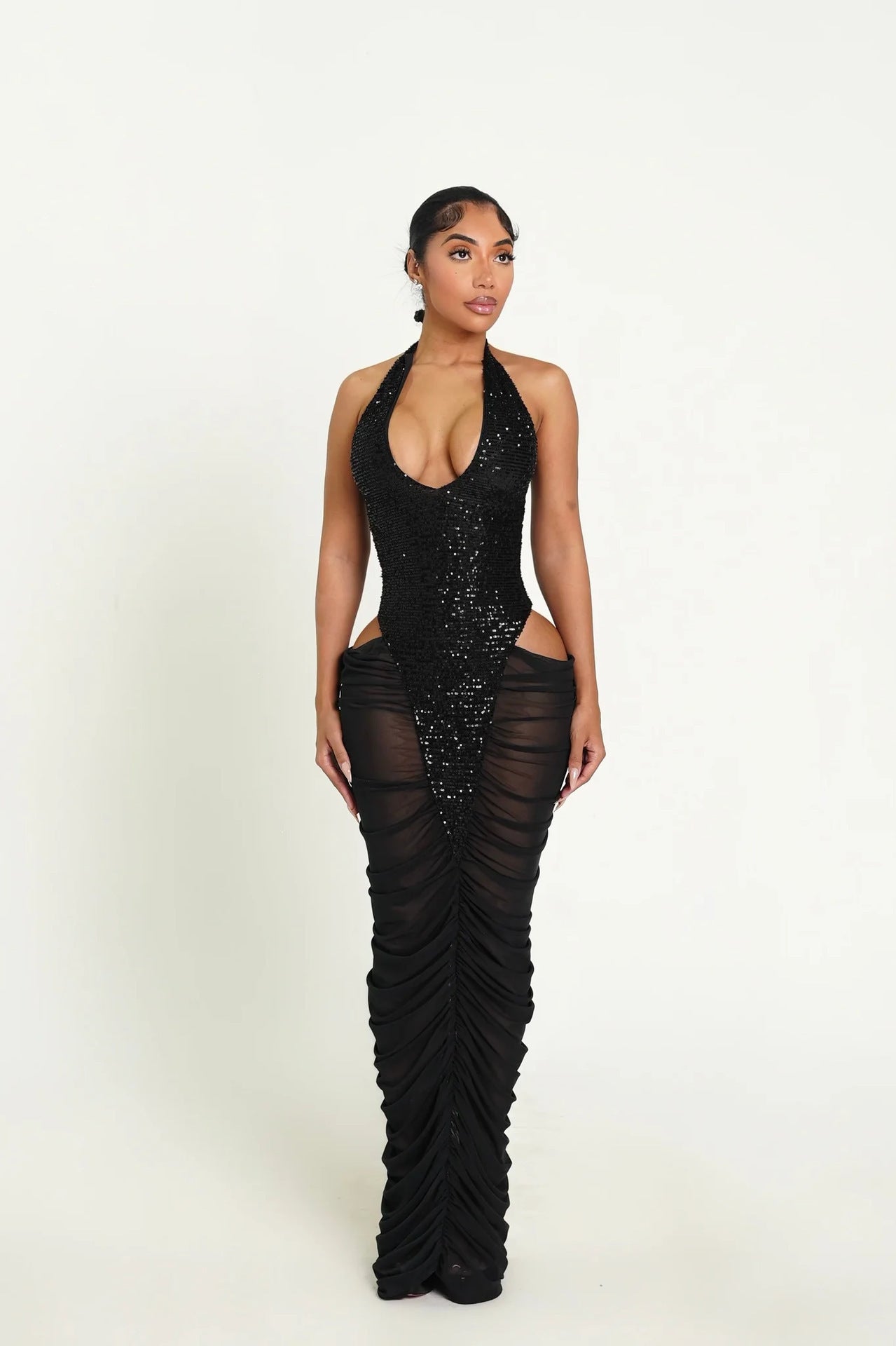 Sexy Elegant High Split Mesh Patchwork Ruched Sequin Lace-Up Halter Neck Evening Dress