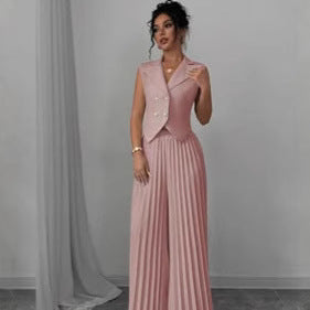Women's Sleeveless Vest & Pleated Pants Suit Set - Fashion Two-Piece