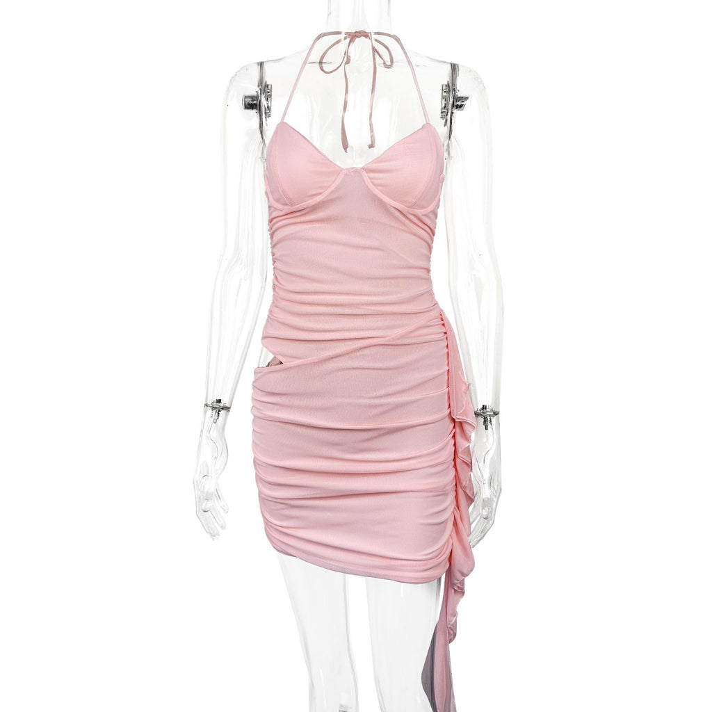 Women summer sexy solid tie Halter neck mesh dress