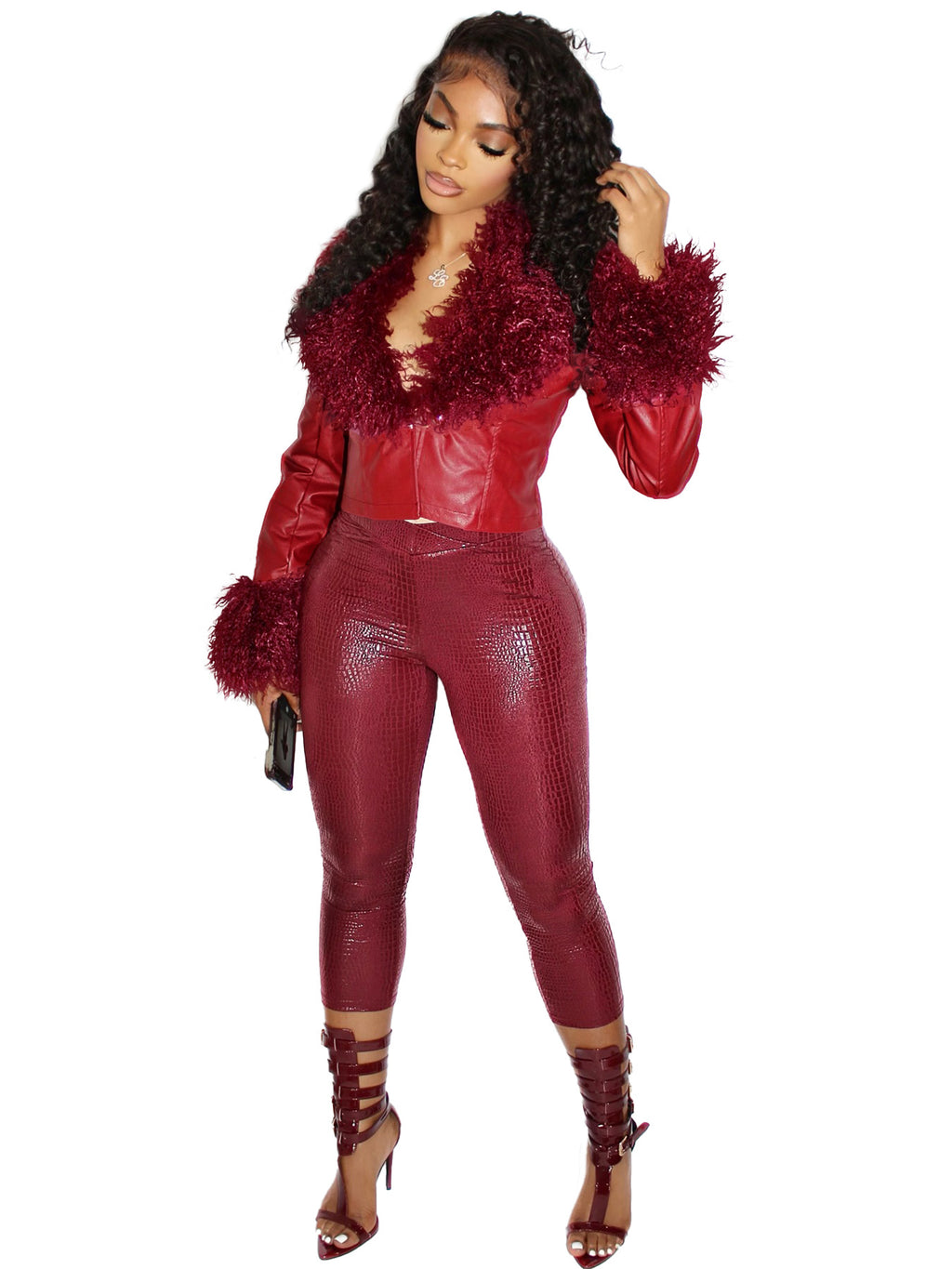 Women Furry V-Neck Button-Up Pu-Leather Jacket Top