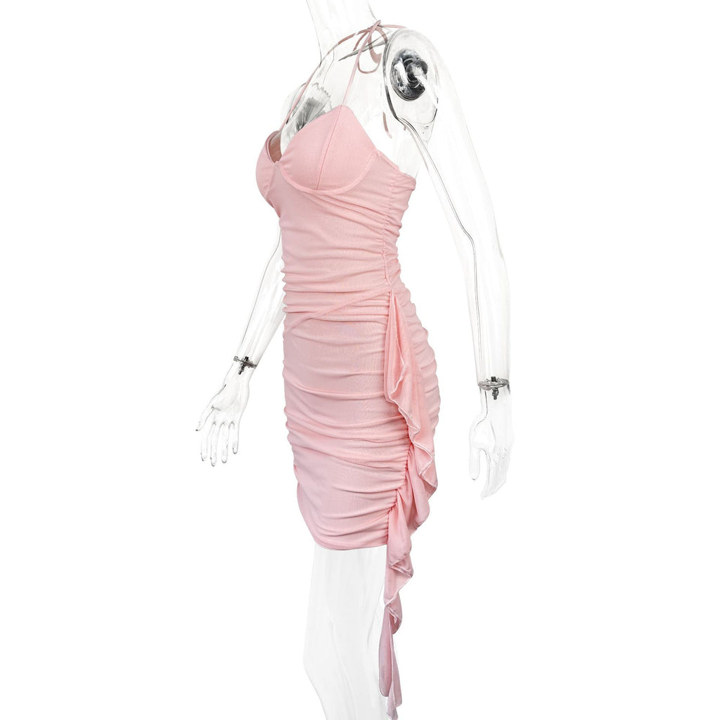 Women summer sexy solid tie Halter neck mesh dress
