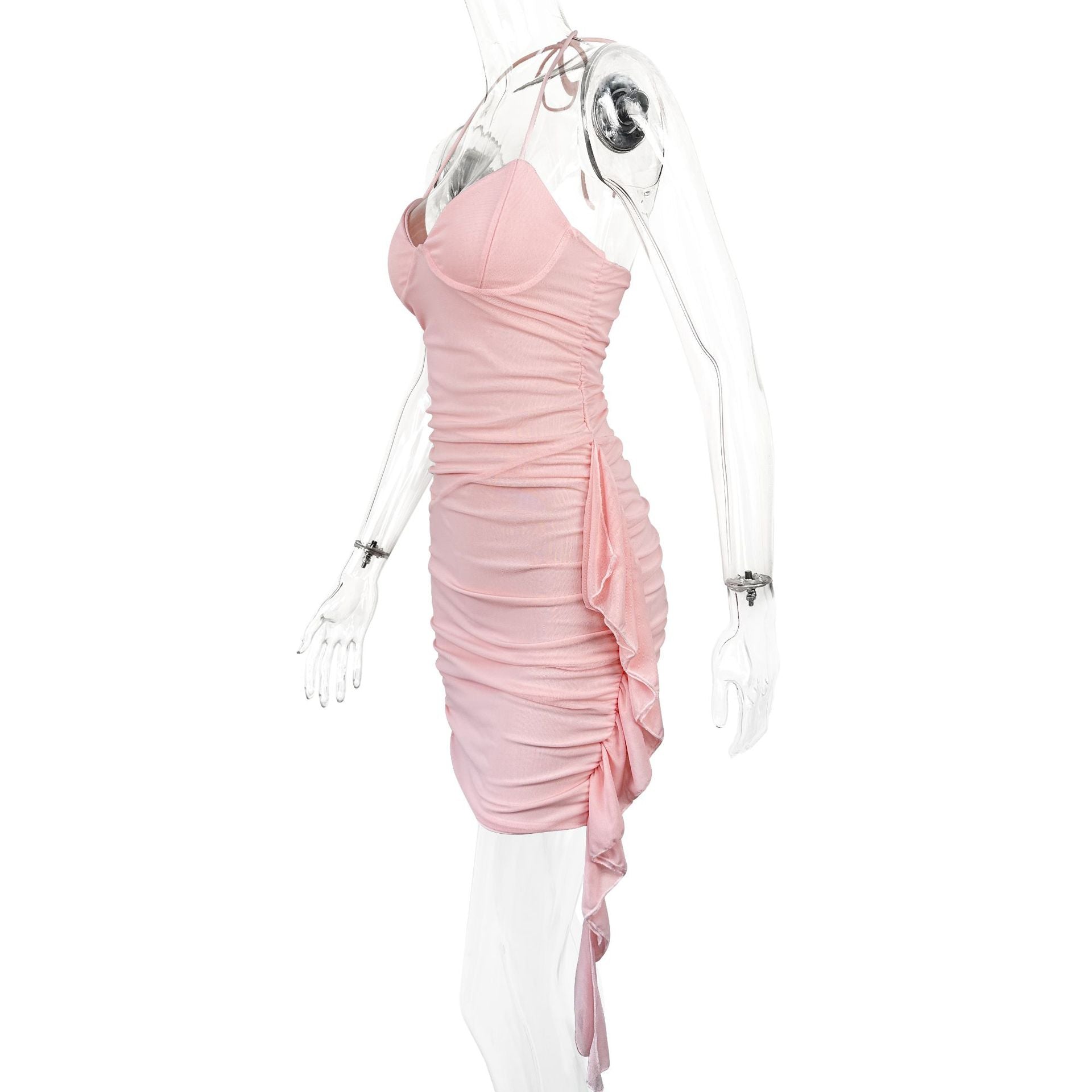 Women summer sexy solid tie Halter neck mesh dress