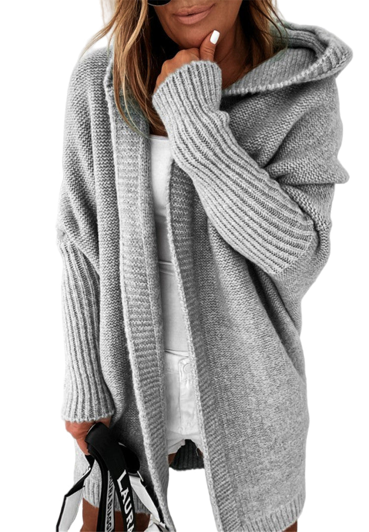 Women's Knitted Hooded Cardigan - Loose Batwing Sleeve Sweater