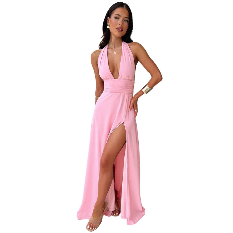 Sexy Halterneck V-neck Slit Dress Summer Backless Strappy Skirt Fashion Temperament Clothing Women