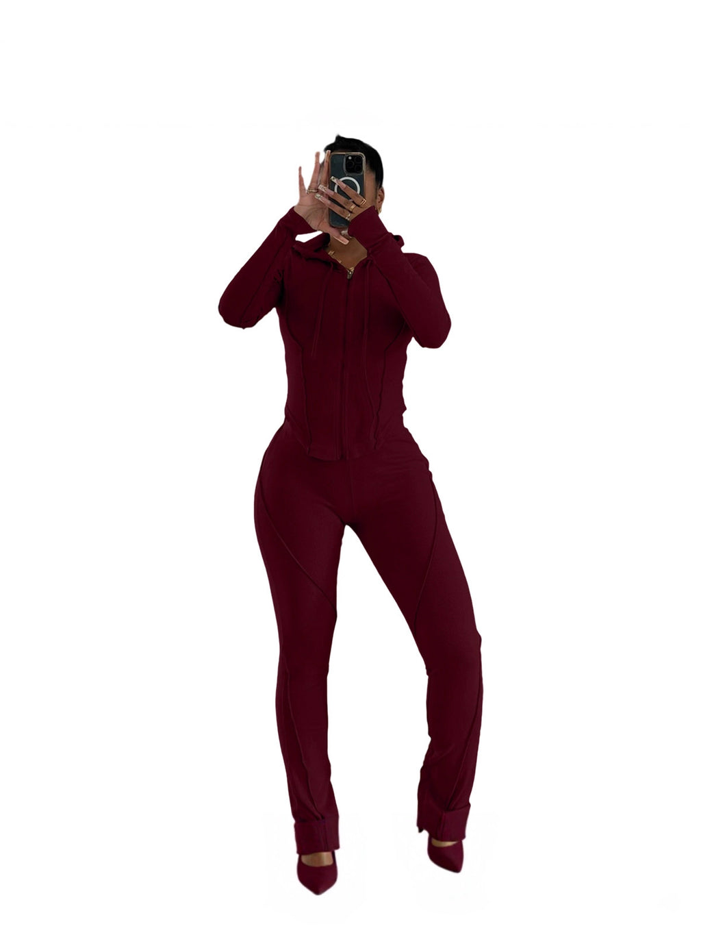 Women Autumn/Winter Ribbed Patchwork Casual Top And Pant Two-Piece Set