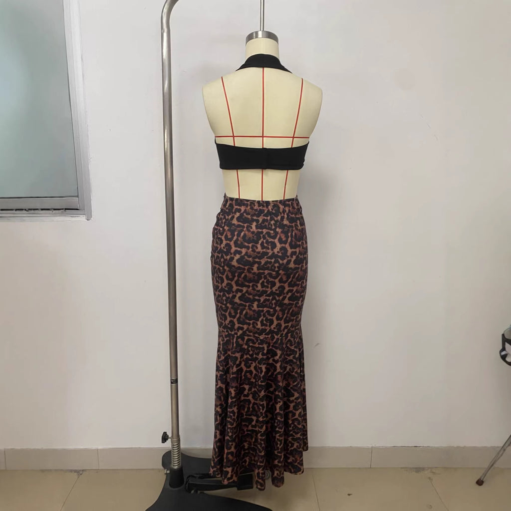 Women V-Neck Halter Neck Slit Patchwork Leopard Print Hollow-Out Dress