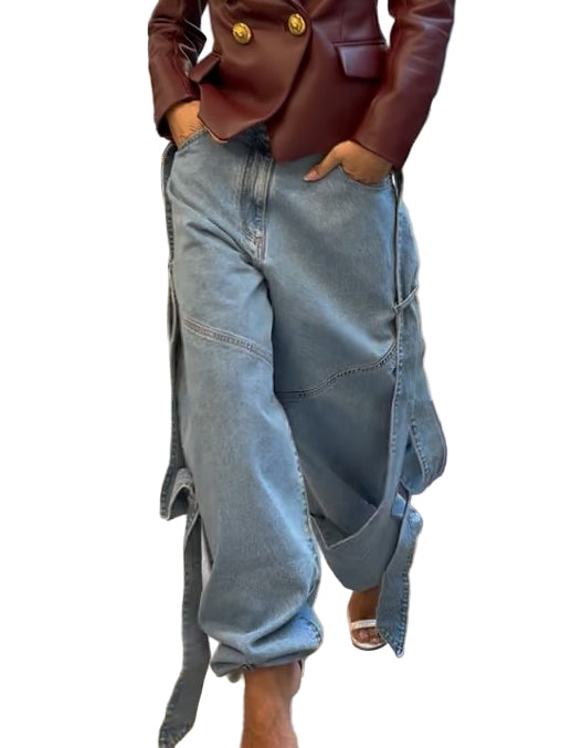 Light Blue Denim Wide-Leg Pants With Dramatic Flap Details And Oversized Fit
