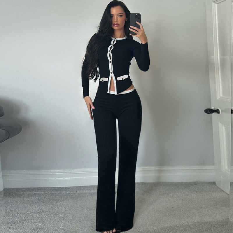 Women's Round Neck Button Contrast Color Suit
