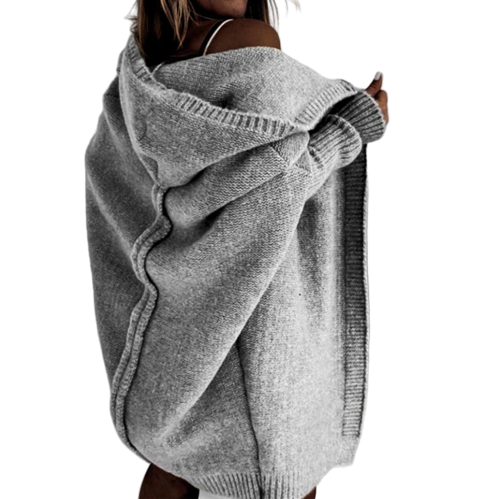 Women's Knitted Hooded Cardigan - Loose Batwing Sleeve Sweater