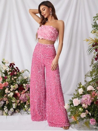 Women'S Spring Summer Casual Solid Color Sequin Mid-Waist Wide-Leg Pants