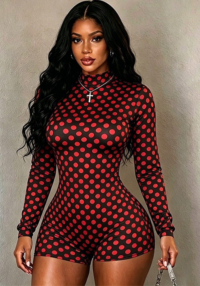 Women Sexy Polka Dot Round Neck Long-Sleeve Bodysuit