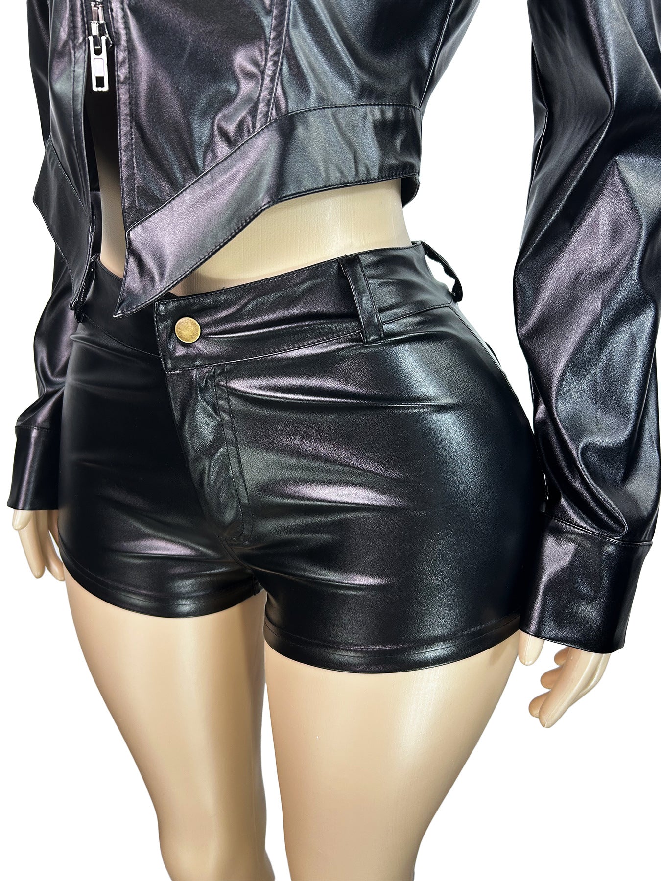 Fashion Women'S Leather Stand Collar Zipper Long Sleeve Top Shorts Two-Piece Set