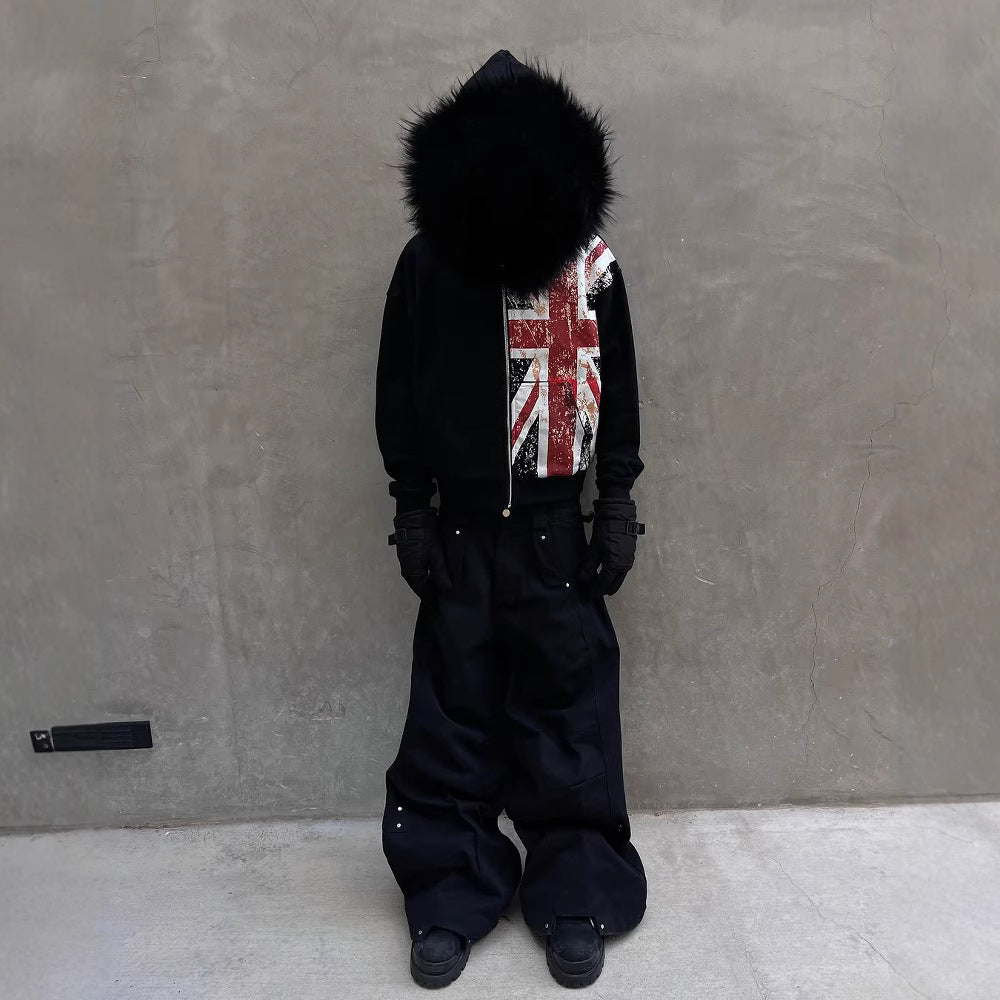 Fur Collar Printed Zipper Sweater Long Sleeve Pullover Hoodie Vintage Coat