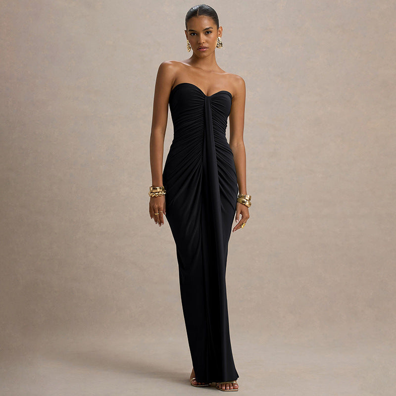 Women Fall Strapless Solid Pleated Ribbon Dress