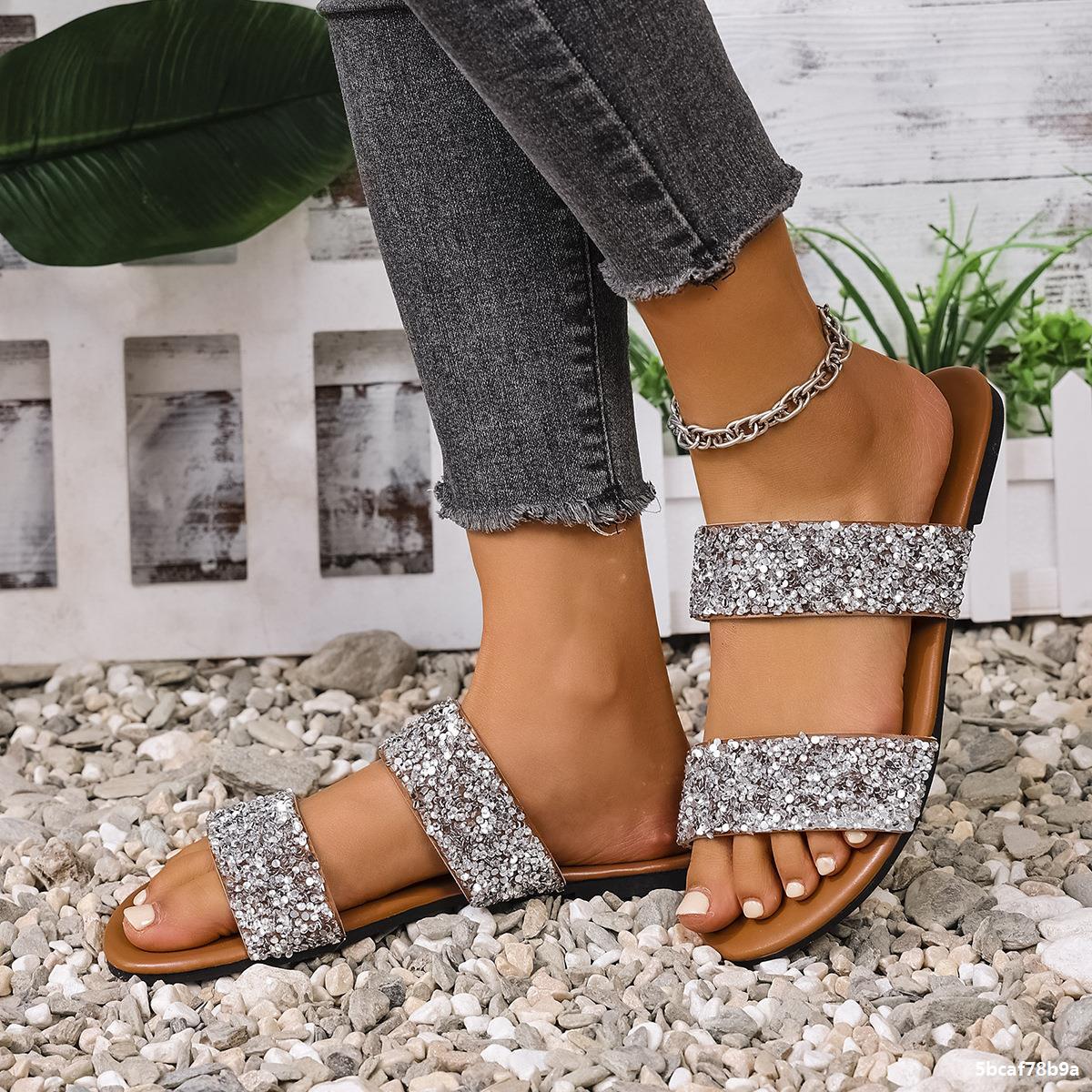 Plus Size Women Summer Rhinestone Casual Beach Slides