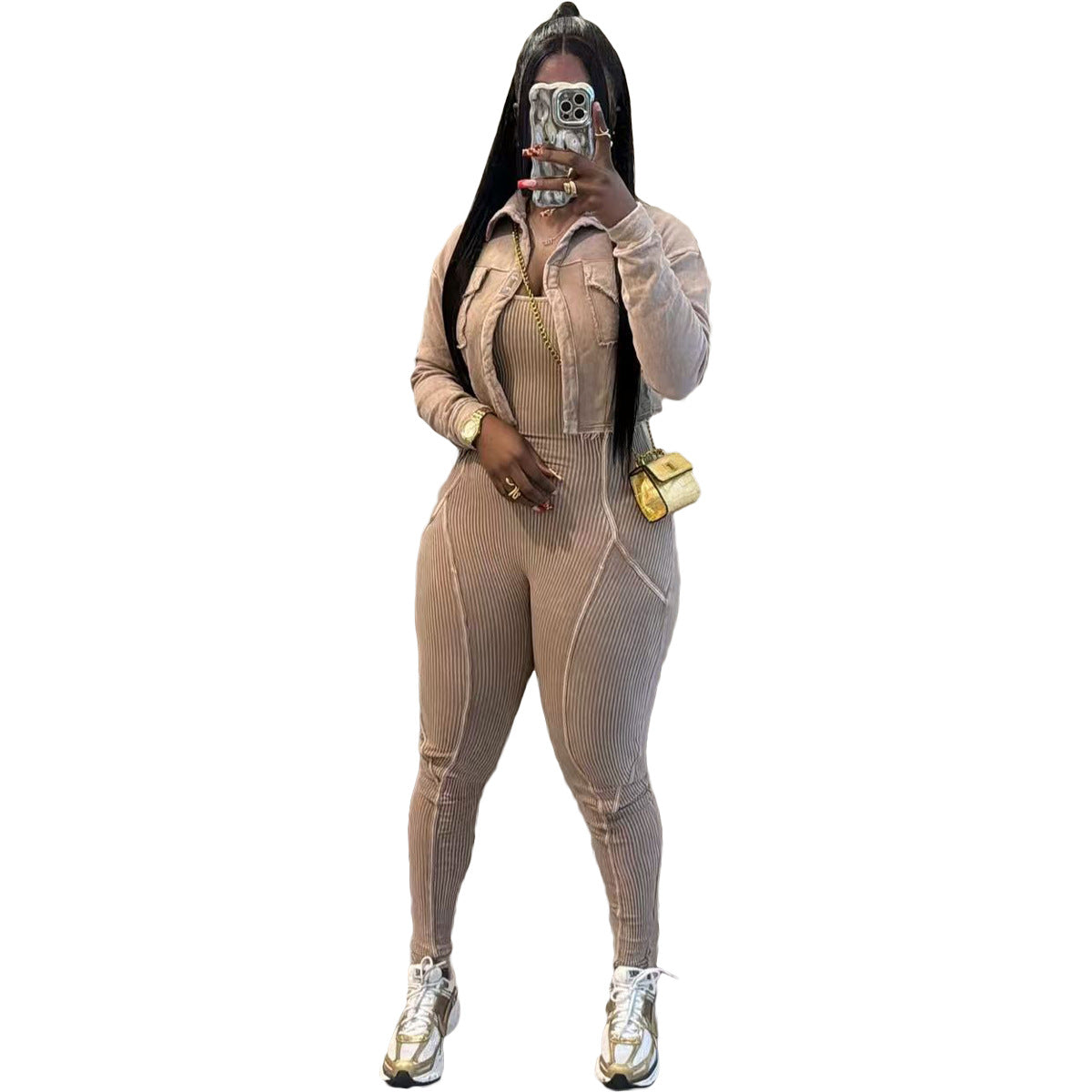 Fashion Women'S Solid Color Tight Slim Jumpsuit Coat Casual Two-Piece Set