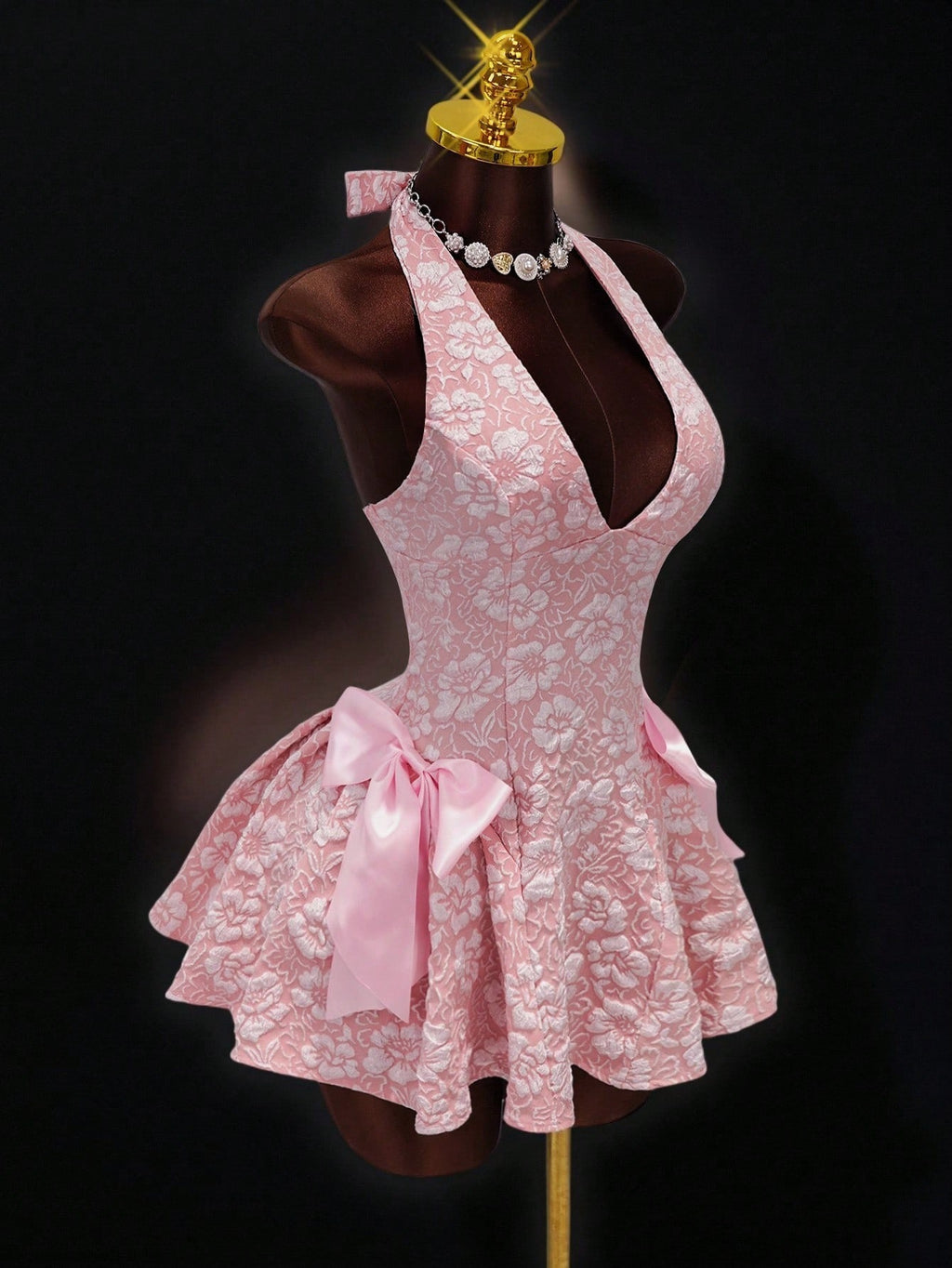 Women Sexy Sleeveless Halter Neck Jacquard V Neck Dress