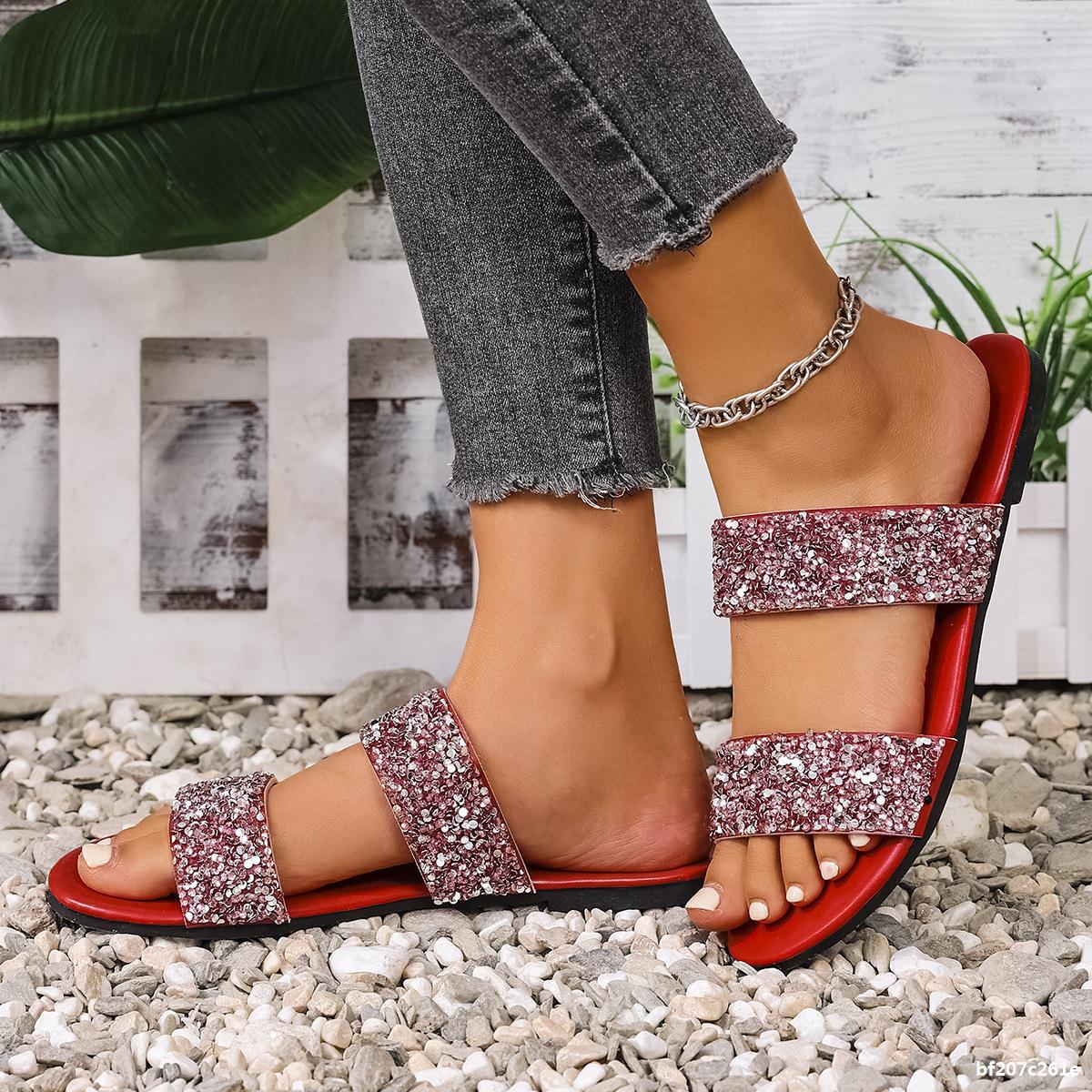 Plus Size Women Summer Rhinestone Casual Beach Slides