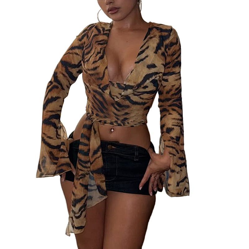Sexy Deep V-neck Leopard Print Printed Long-sleeved Top