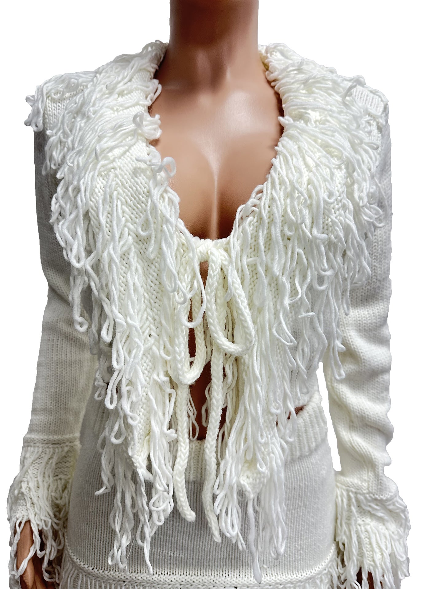 Autumn & Winter Knitted Crochet Fringe Lace-Up Long Sleeve Bodycon Skirt Set