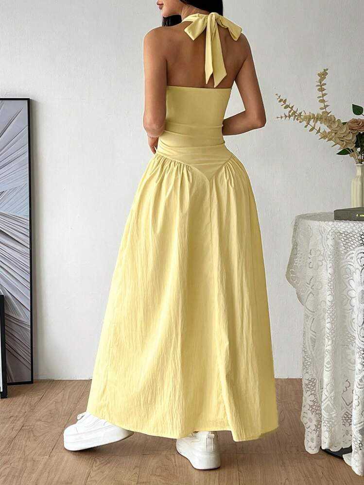 Women summer Halter Neck V Neck Backless ruffled sexy dress