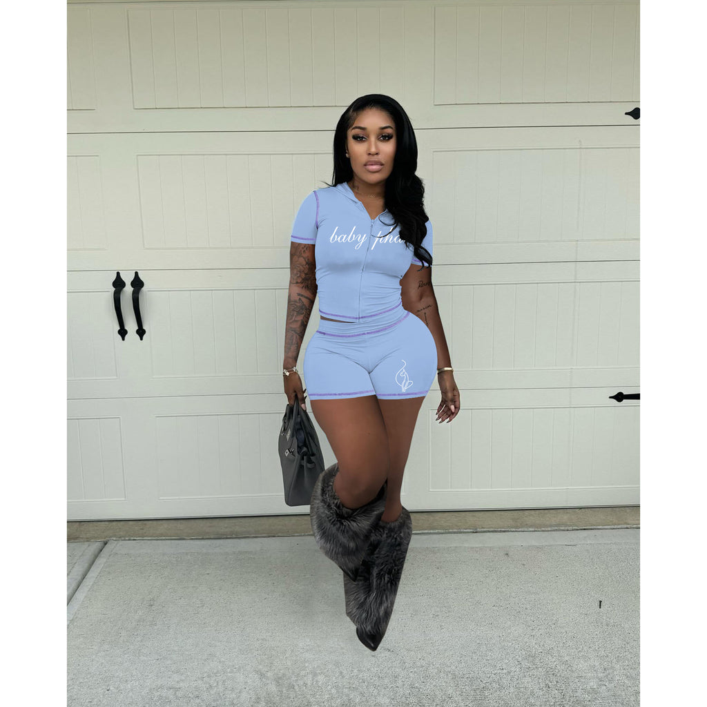 Summer Women High-Stretch Zip Hooded Casual Short Sleeve Top Shorts Two-Piece Set