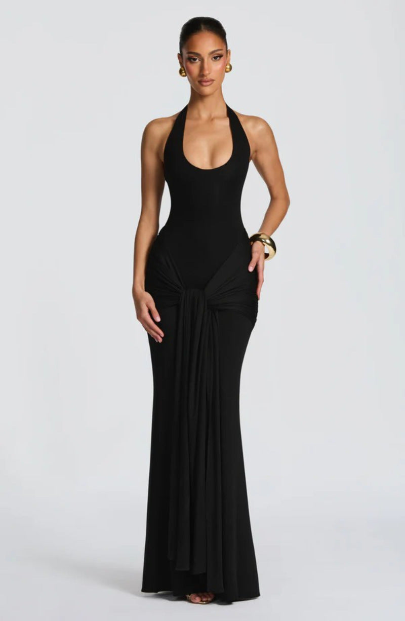 Spring Women U Neck Halter Neck Ribbon Patchwork Bodycon Long Dress
