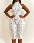 Women Halter Neck Polka Dot Zipper Capri Jumpsuit (Faux Two-Piece)