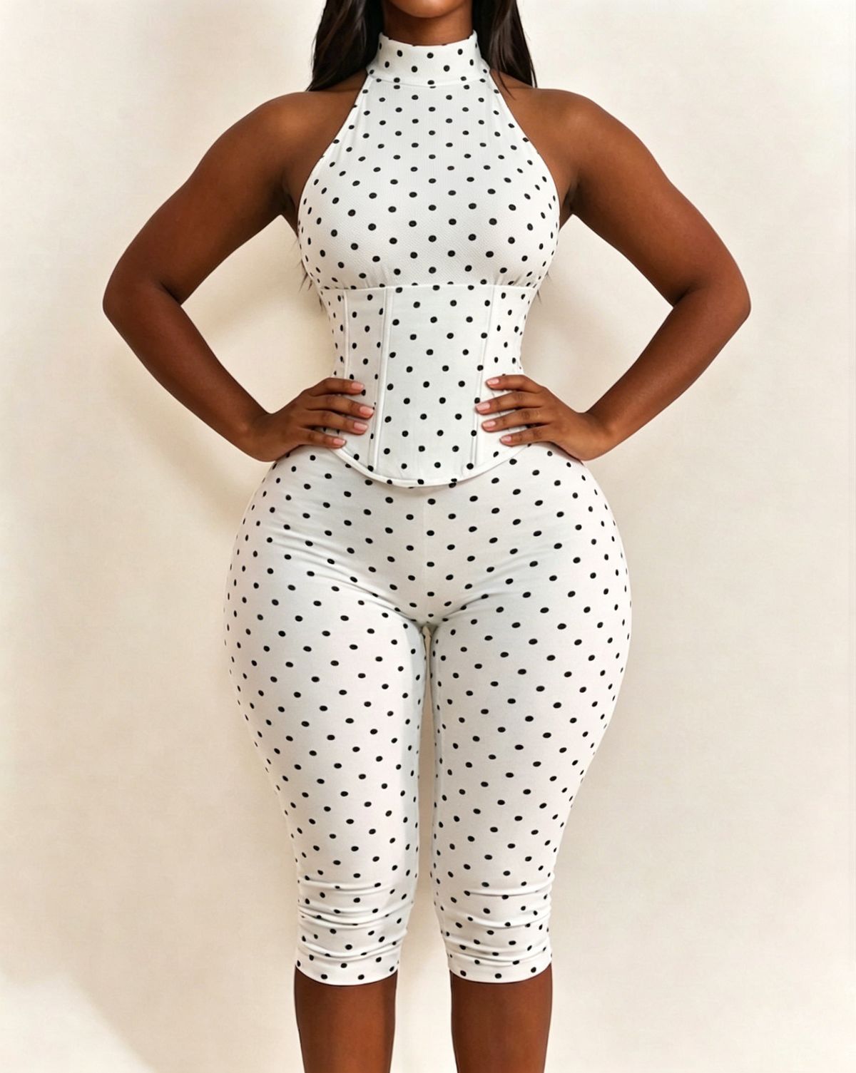Women Halter Neck Polka Dot Zipper Capri Jumpsuit (Faux Two-Piece)