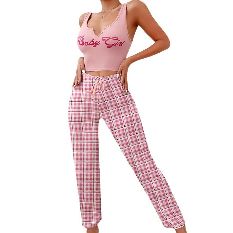 Women's Casual Pajama Set - Plaid Trousers & Letter Print Top