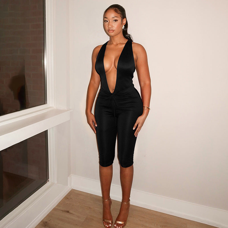 Women Summer Solid Elegant Sleeveless Deep V Halter Jumpsuit