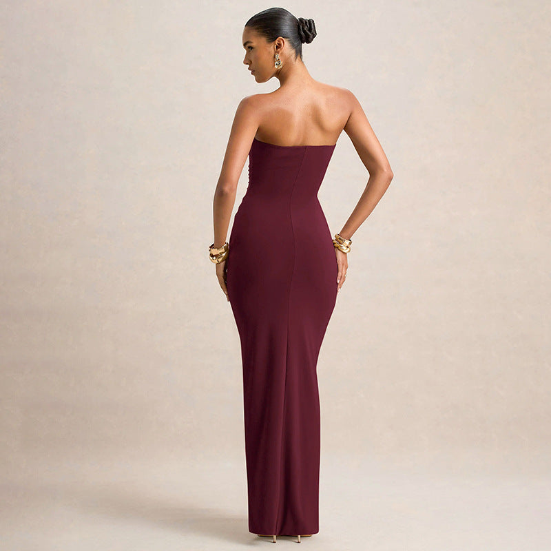Women Fall Strapless Solid Pleated Ribbon Dress