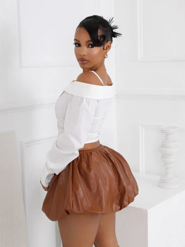 Women Turndown Collar Shirt Long-Sleeved Off-Shoulder Shirt