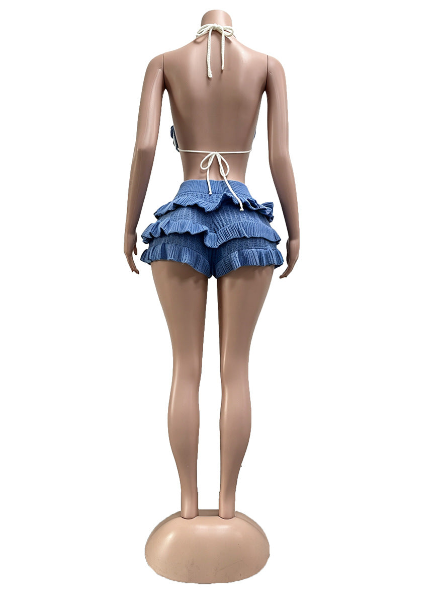 Women Summer Beach Crochet Set Ruffle Lace-Up Crop Top Shorts Casual Vacation Set