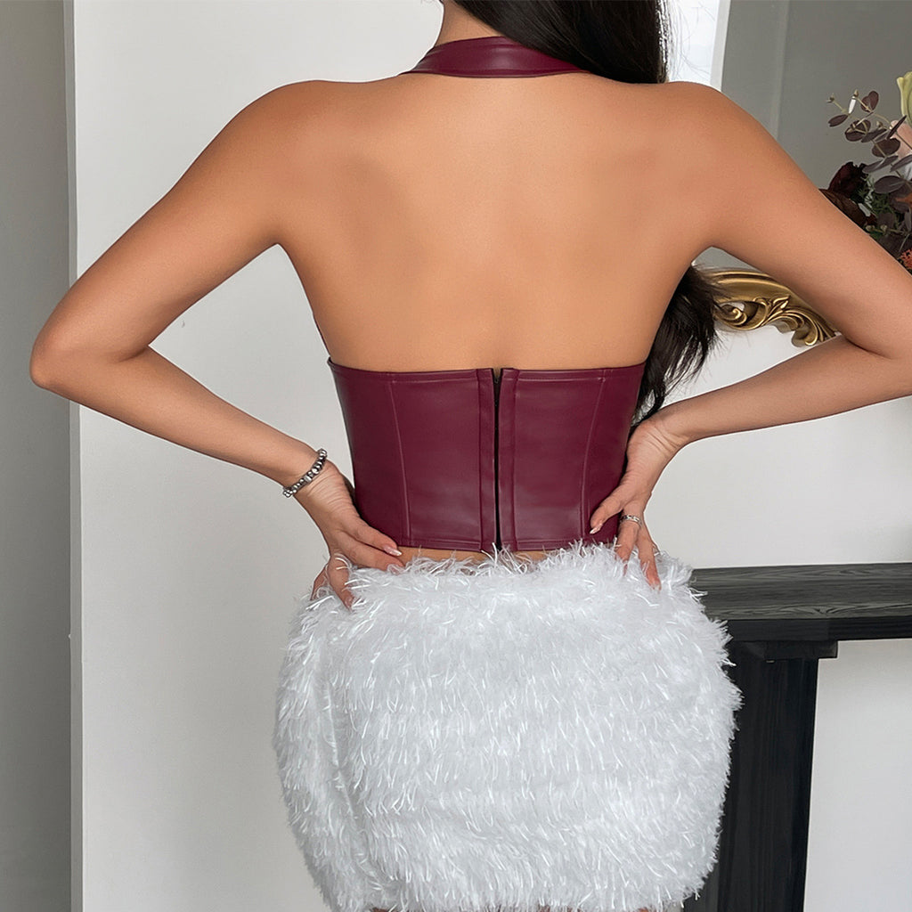Women Pu Leather Halter Neck Lace-Up Slim Waist Camisole Top