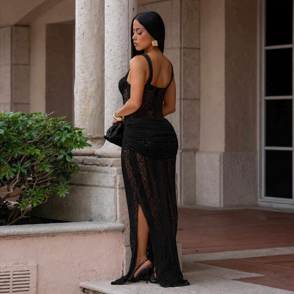 Women Sexy See-Through Lace Strap Bodycon Dress