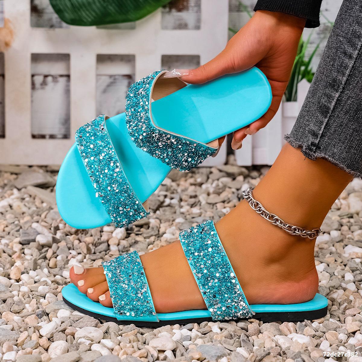 Plus Size Women Summer Rhinestone Casual Beach Slides