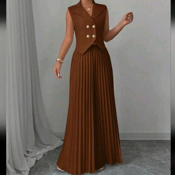 Women's Sleeveless Vest & Pleated Pants Suit Set - Fashion Two-Piece